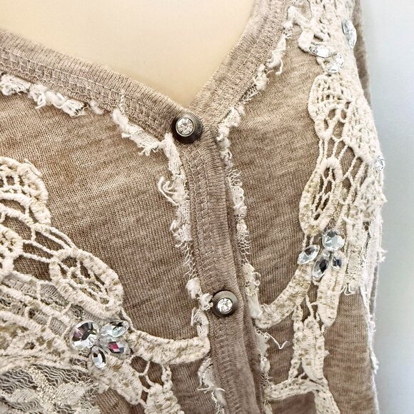 size SMALL tan cardigan MISS ME lace rhinestones embellished button up ombre S - Picture 8 of 11